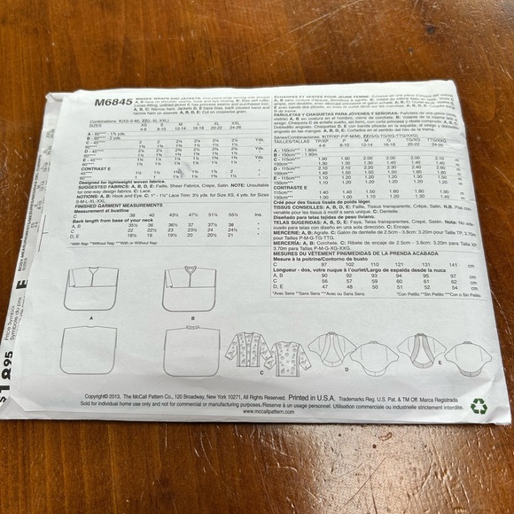 McCalls M6845 for wraps and jackets - exsm- sm- med- uncut - Picture 5 of 9